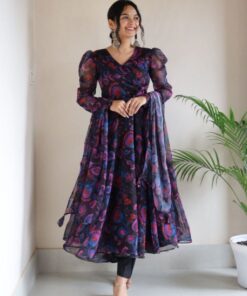 Casual Black Floral Printed Georgette Silk Anarkali Suit With Dupatta