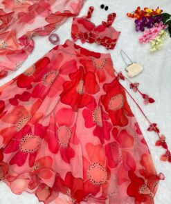 Exclusive Red Floral Printed Organza Silk Lehenga Choli With Dupatta