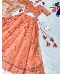 Exclusive Peach Orange Floral Printed Organza Silk Lehenga Choli With Dupatta