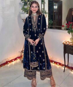 Exclusive Neavy Blue Heavy Velvet Embroidery Work Pant Suit With Dupatta