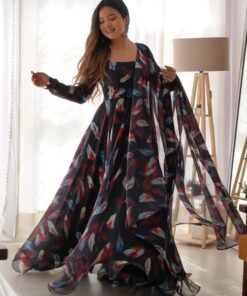Casual Black Heavy Georgette Digital Printed Work Anarkali Gown With Dupatta