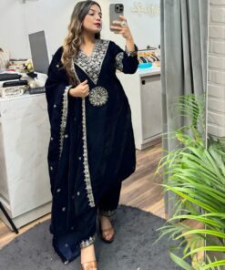 Exclusive Neavy Blue Velvet Embroidery Work Pant Suit With Dupatta