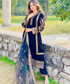 Casual Black Micro Velvet Embroidery Work Pant Suit With Dupatta