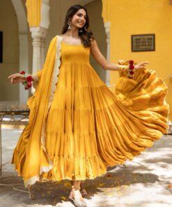 Exclusive Mango Yellow Heavy Georgette Embroidery Work Anarkali Gown With Dupatta