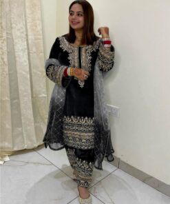 Casual Black Micro Velvet Embroidery Work Pakistani Pant Suit With Dupatta