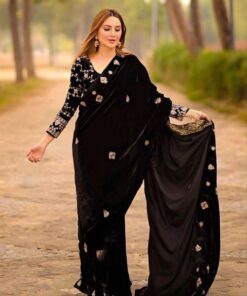 Casual Black Micro Velvet Embroidery Work Saree With Blouse