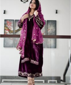 Casual Grape Viscose Velvet Embroidery Work Palazo Suit With Dupatta