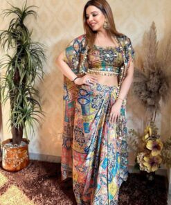 Exclusive Multi Chinon Silk Digital Print Work Crop-Top Suit With Shrug