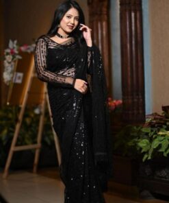 Exclusive Black Heavy Mono Net Sequence Work Saree With Blouse