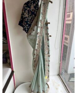 Exclusive Sky Chinnon Silk Embroidery Work Saree With Blouse