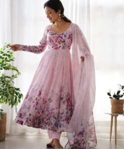 Exclusive Pink Soft Organza Silk Floral Printed Anarkali Suit With Dupatta