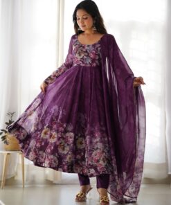 Exclusive Purple Soft Organza Silk Floral Printed Anarkali Suit With Dupatta