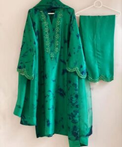 Casual Green & Light-Green Maslin Silk Digital Print Work Pant Suit With Dupatta