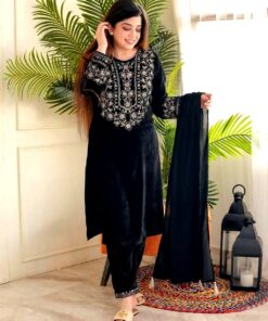 Designer Black Micro Velvet Embroidery Work Pakistani Suit With Dupatta