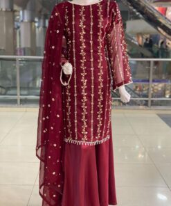 Exclusive Maroon Pure Georgette Embroidery Work Pakistani Sharara Suit With Dupatta