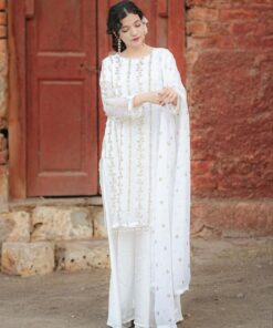 Exclusive White Pure Georgette Embroidery Work Pakistani Sharara Suit With Dupatta