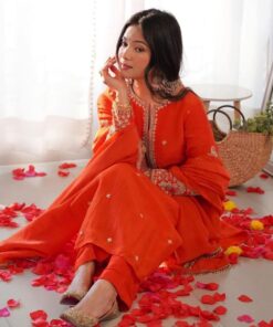 Exclusive Orange Pure Georgette Embroidery Work Pant Suit With Dupatta