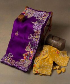 Exclusive Purple-Yellow Rangoli Silk Embroidery Work Saree With Blouse