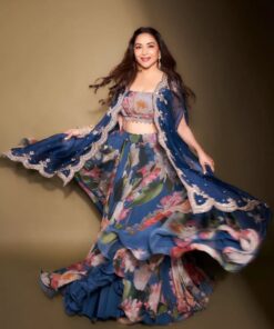 Exclusive Blue Faux Georgette Floral Printed Work Lehenga Choli With Shrug