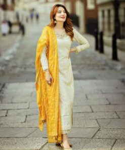 Exclusive Cream Pure Georgette Sequence Work Pakistani Suit With Yellow Dupatta