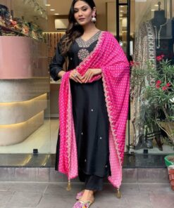 Exclusive Black Chanderi Silk Embroidery Work Palazo Suit With Pink Dupatta