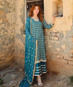 Exclusive Tiffany Blue Pure Georgette Embroidery Work Pakistani Suit With Dupatta