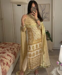 Exclusive Yellow Beige Pure Georgette Sequence Work Pakistani Suit With Dupatta