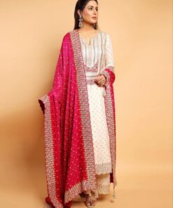 Exclusive White Pure Georgette Embroidery Work Palazo Suit With Hot Pink Dupatta