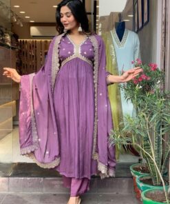 Gorgeous Lilac Chinon Silk Sequence Work Alia Cut Suit With Dupatta