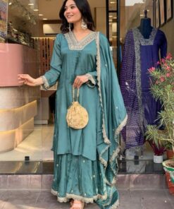 Gorgeous Turquoise Green Chinon Silk Sequence Work Palazo Suit With Dupatta