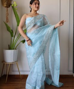 Exclusive Sky Organza Silk Embroidery Work Saree With Blouse