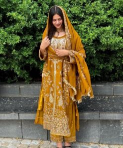 Gorgeous Mustard Yellow Pure Georgette Embroidery Work Pakistani Suit With Dupatta