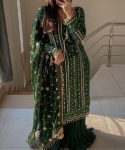 Gorgeous Dark Green Pure Georgette Embroidery Work Palazo Suit With Dupatta