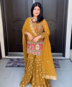 Gorgeous Mustard Yellow Pure Georgette Embroidery Work Gharara Suit With Dupatta