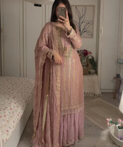 Gorgeous Rose Gold Pure Georgette Sequence Work Palazo Suit With Dupatta