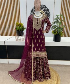 Exclusive Wine Pure Georgette Embroidery Work Sharara Suit With Dupatta