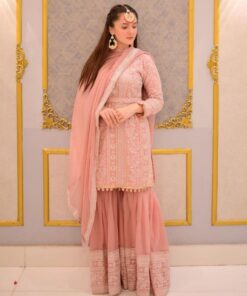 Exclusive Peach Pure Georgette Embroidery Work Palazo Suit With Dupatta