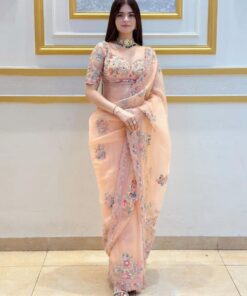 Exclusive Peach Organza Silk Sequence Work Saree With Blouse