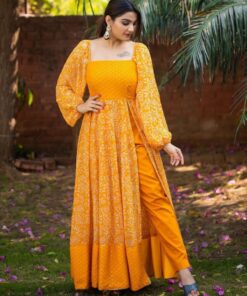 Exclusive Mustard Faux Georgette Digital Print Gown