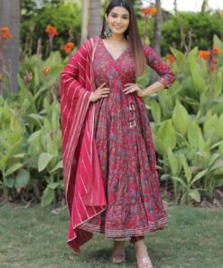 Exclusive Pink Muslin Silk Digital Print Gown With Dupatta