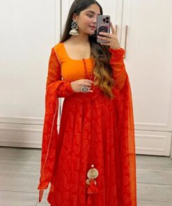 Exclusive Orange Faux Georgette Digital Print Anarkali Gown With Dupatta