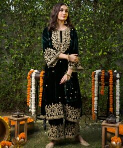 Exclusive Bottel Green Micro Velvet Sequence Work Pakistani Suit With Dupatta