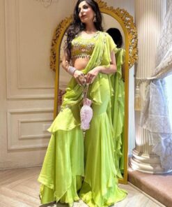 Exclusive Parrot Green Pure Georgette Cording Work Saree With Blouse