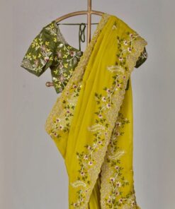 Exclusive Chinon Silk Sequence Work Yellow Saree With Green Blouse