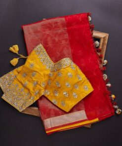 Exclusive Banarasi Jacquard Work Yellow Saree With Red Blouse