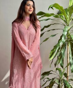 Exclusive Pink Faux Georgette Lace Work Plazo Suit With Dupatta