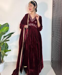 Exclusive Maroon Micro Velvet Sequence Work Anarkali Suit With Dupatta