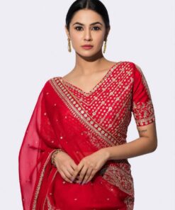 Exclusive Hot Red Rangoli Silk Embroidery Work Saree With Blouse