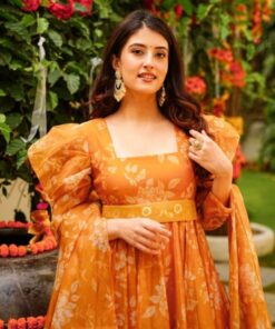 Exclusive Orange Taby Silk Digital Print Anarkali Suit With Dupatta