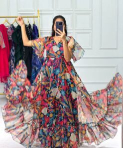 Exclusive Organza Digital Print Gown With Dupatta